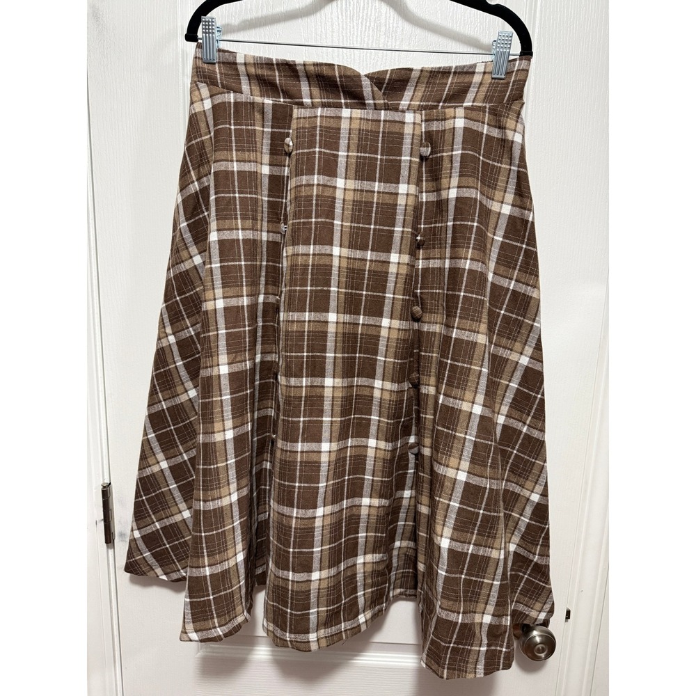 Belle Poque‎ Plaid Button Front A Line Midi Skirt Brown White Women's L academia